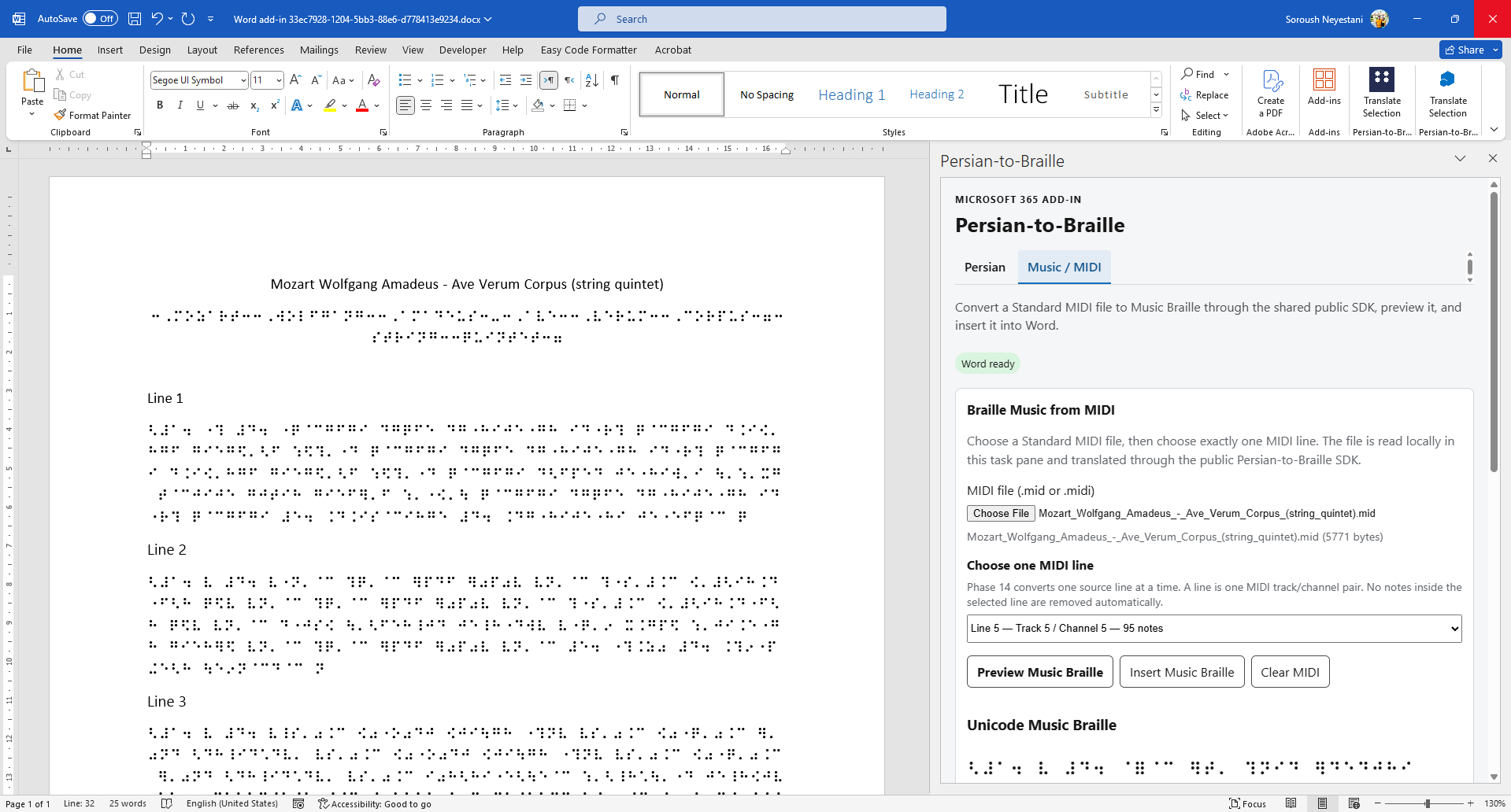 Microsoft Word Desktop showing the Persian / English and Music / MIDI tabs, MIDI source-line selection, Unicode Music Braille preview, and multiple inserted Mozart Braille lines.